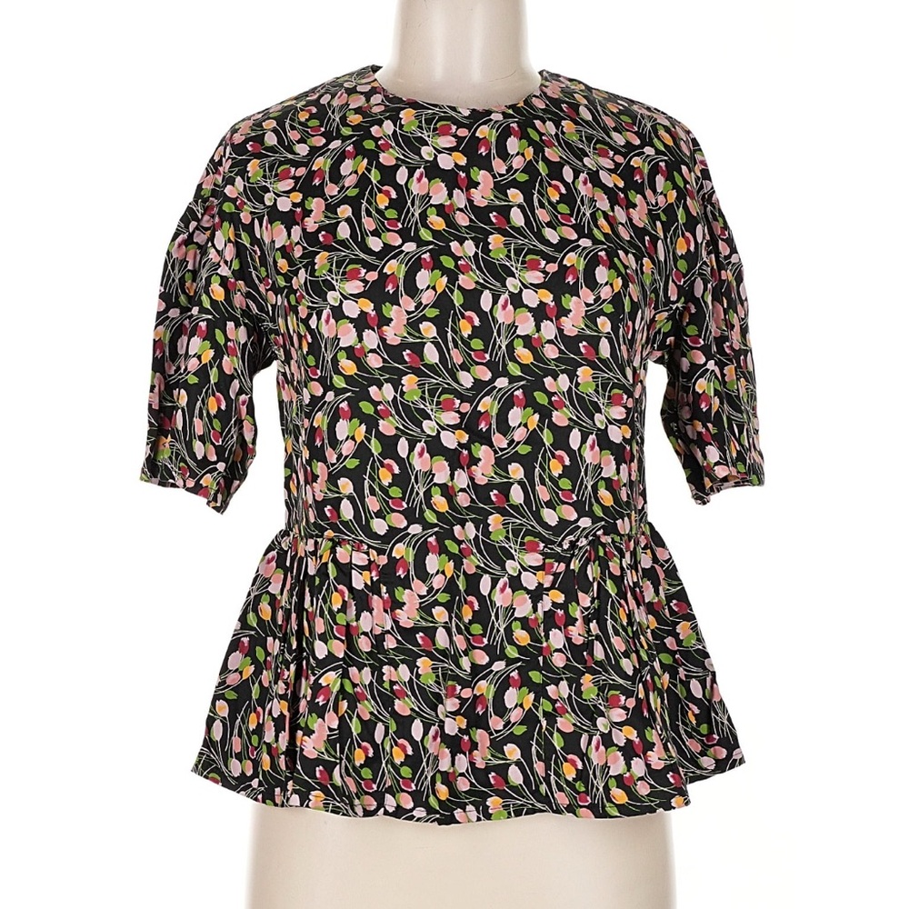 People Tree Black Floral Peplum Blouse with Pink and Green Accents